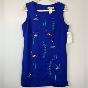 NWT Vtg VICTORIA HOLLEY Royal Blue Linen Blend Embroidered Fish Sheath Dress 14P